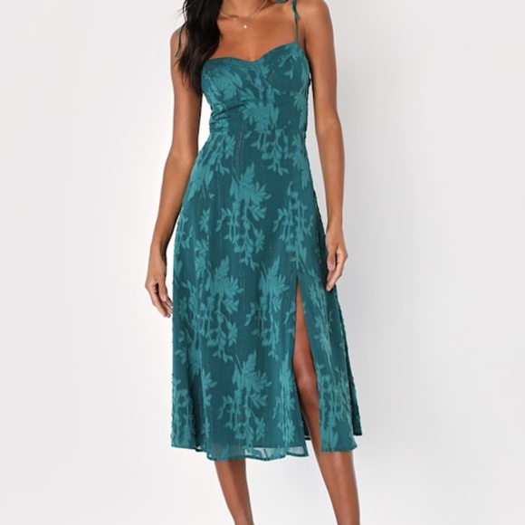 Lulus Loveliest Looks Emerald Green Jacquard Tie-strap Midi Dress - Size S - Picture 1 of 1